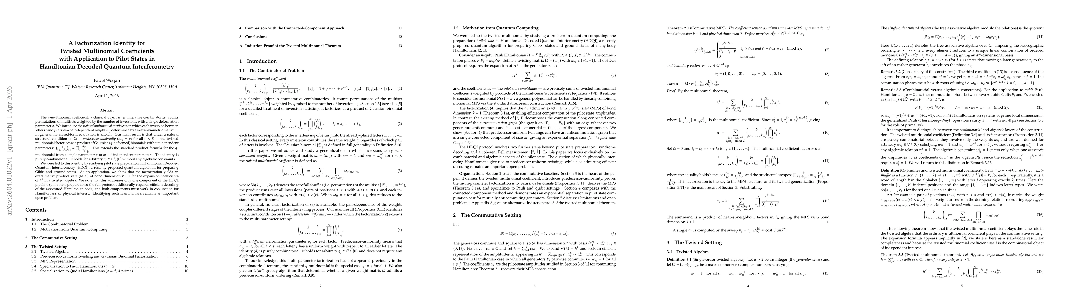 Thumbnail for A Factorization Identity for Twisted Multinomial Coefficients with Application to Pilot States in Hamiltonian Decoded Quantum Interferometry