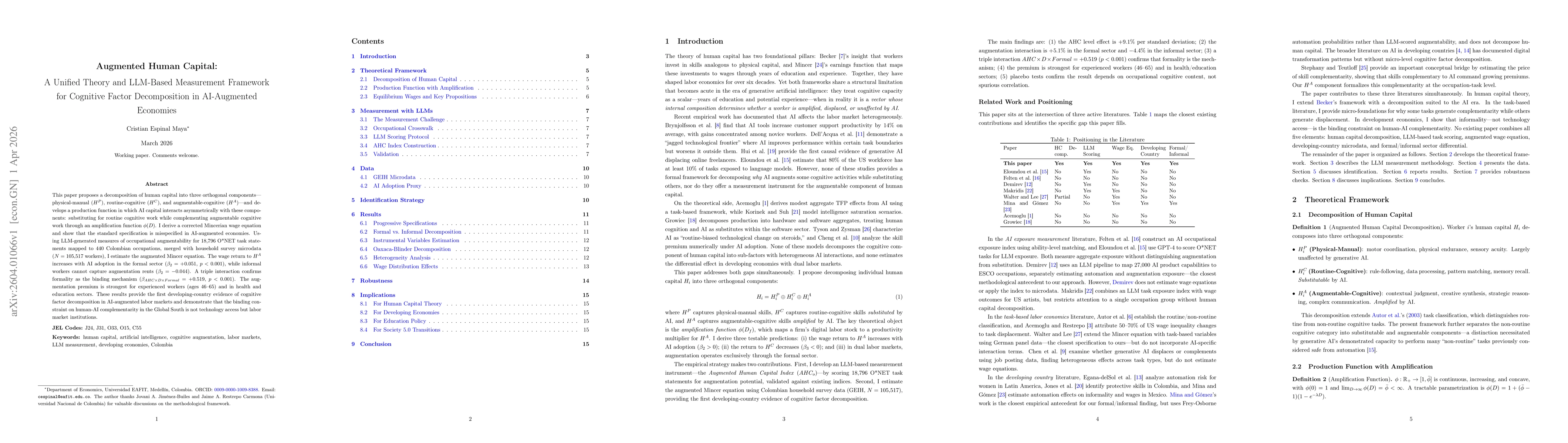 Thumbnail for Augmented Human Capital: A Unified Theory and LLM-Based Measurement Framework for Cognitive Factor Decomposition in AI-Augmented Economies