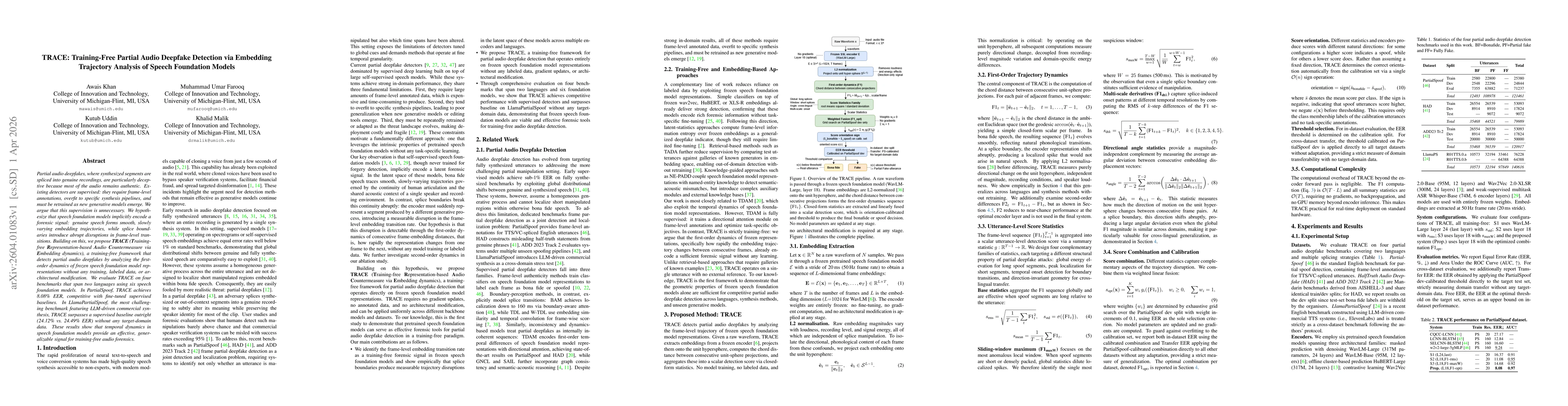 Thumbnail for TRACE: Training-Free Partial Audio Deepfake Detection via Embedding Trajectory Analysis of Speech Foundation Models