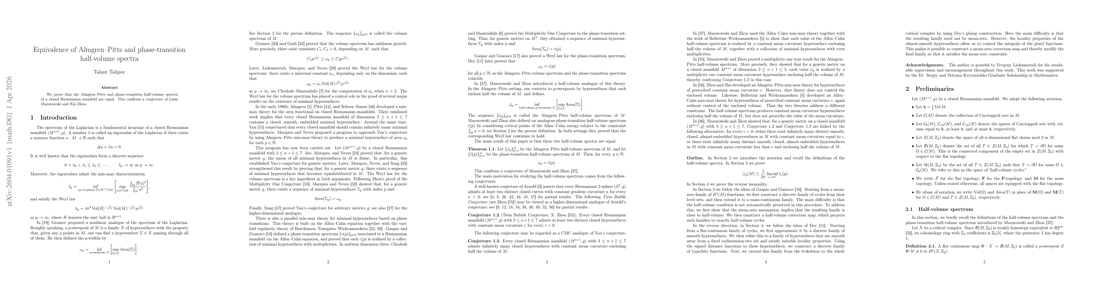 Thumbnail for Equivalence of Almgren-Pitts and phase-transition half-volume spectra