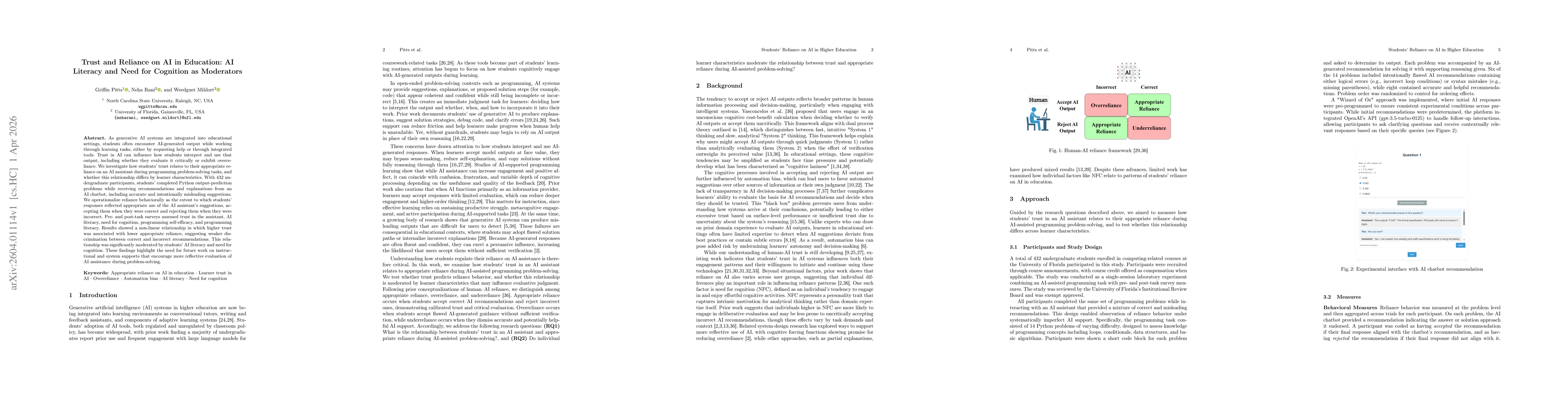 Thumbnail for Trust and Reliance on AI in Education: AI Literacy and Need for Cognition as Moderators