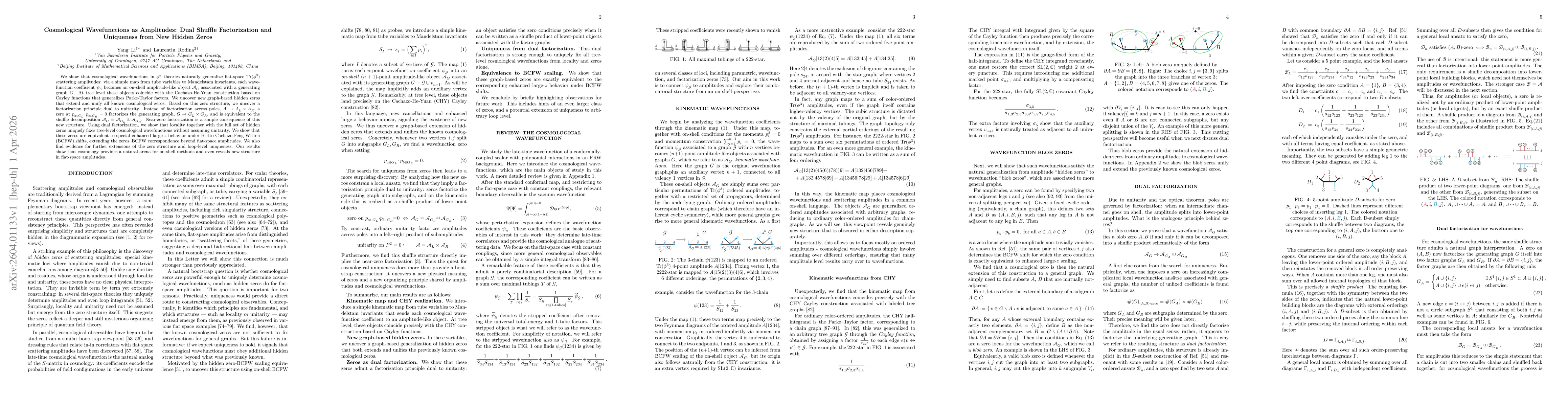 Thumbnail for Cosmological Wavefunctions as Amplitudes: Dual Shuffle Factorization and Uniqueness from New Hidden Zeros