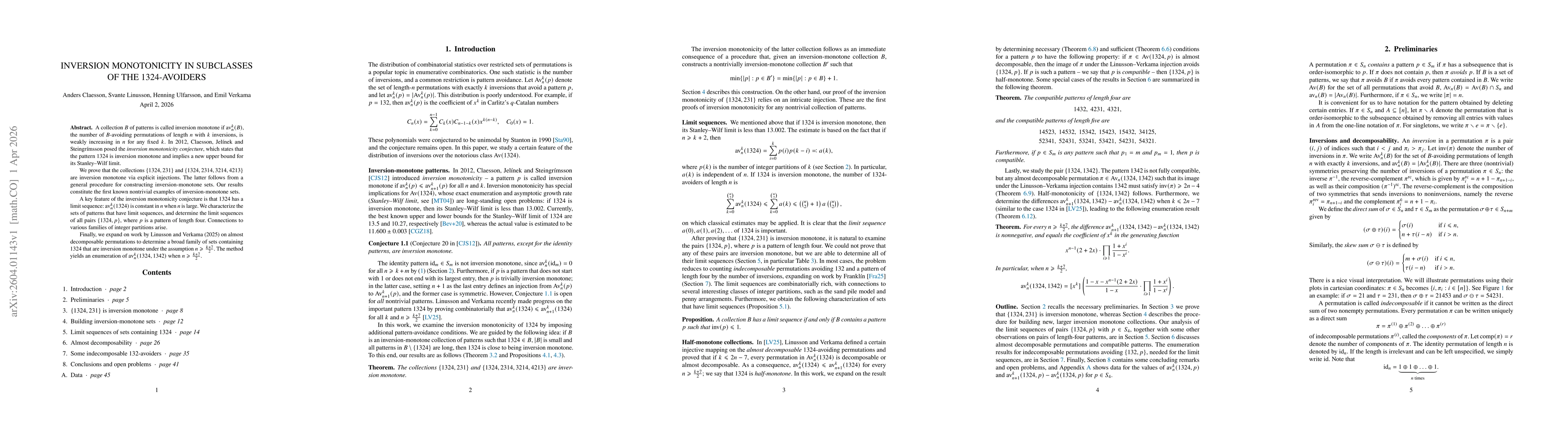 Thumbnail for Inversion monotonicity in subclasses of the 1324-avoiders