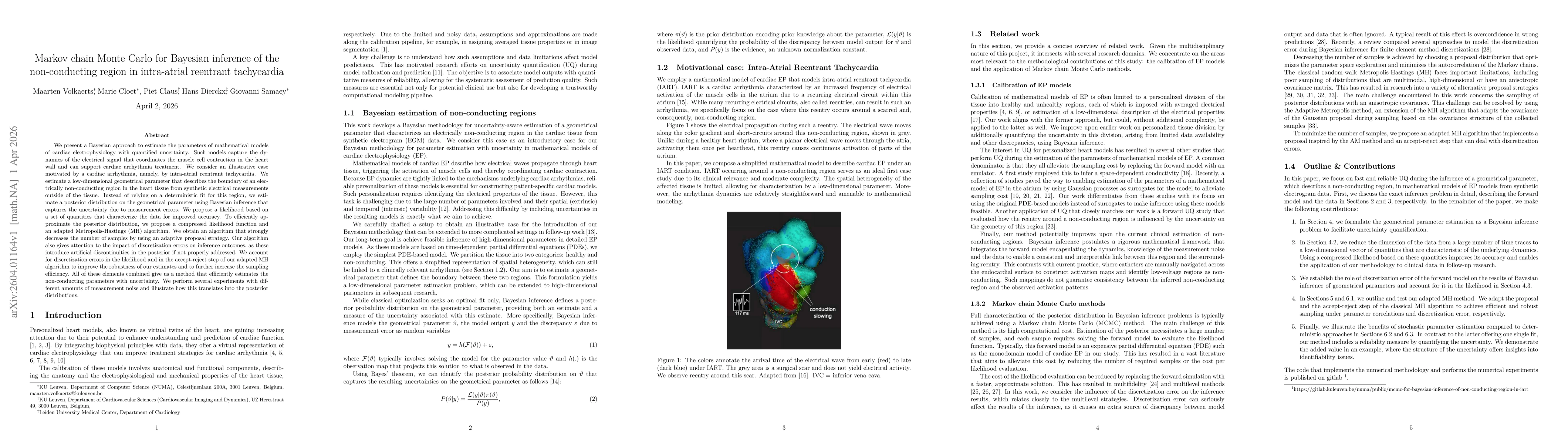 Thumbnail for Markov chain Monte Carlo for Bayesian inference of the non-conducting region in intra-atrial reentrant tachycardia