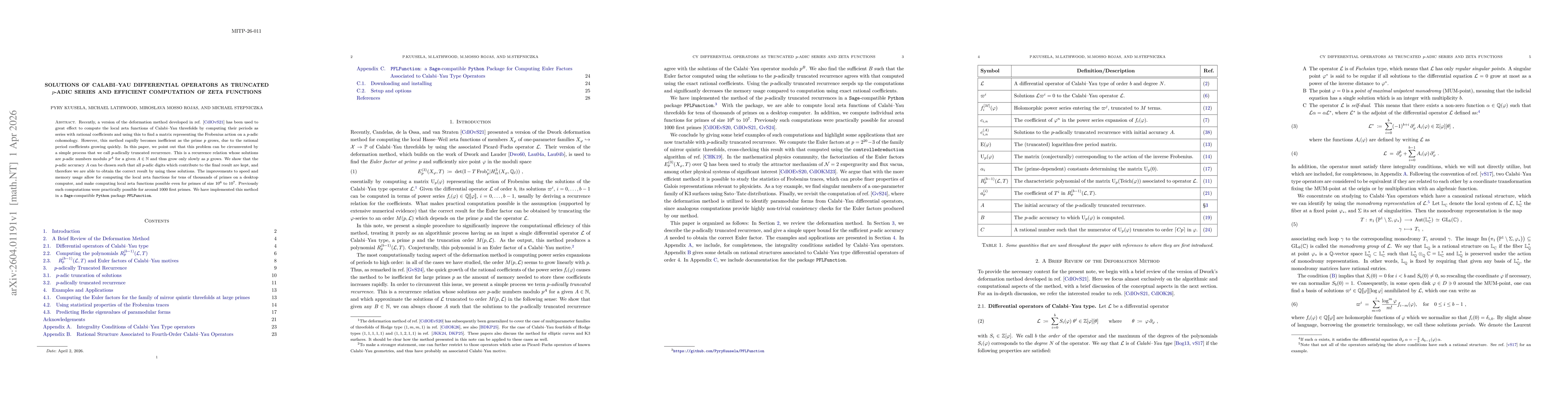 Thumbnail for Solutions of Calabi-Yau Differential Operators as Truncated p-adic Series and Efficient Computation of Zeta Functions