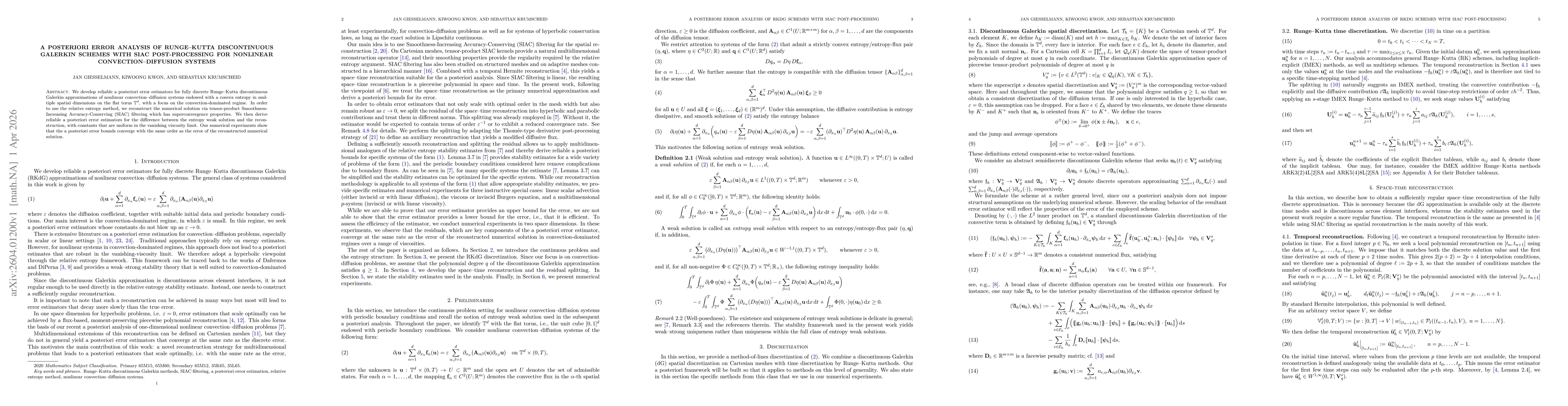Thumbnail for A Posteriori Error Analysis of Runge-Kutta Discontinuous Galerkin Schemes with SIAC Post-Processing for Nonlinear Convection-Diffusion Systems