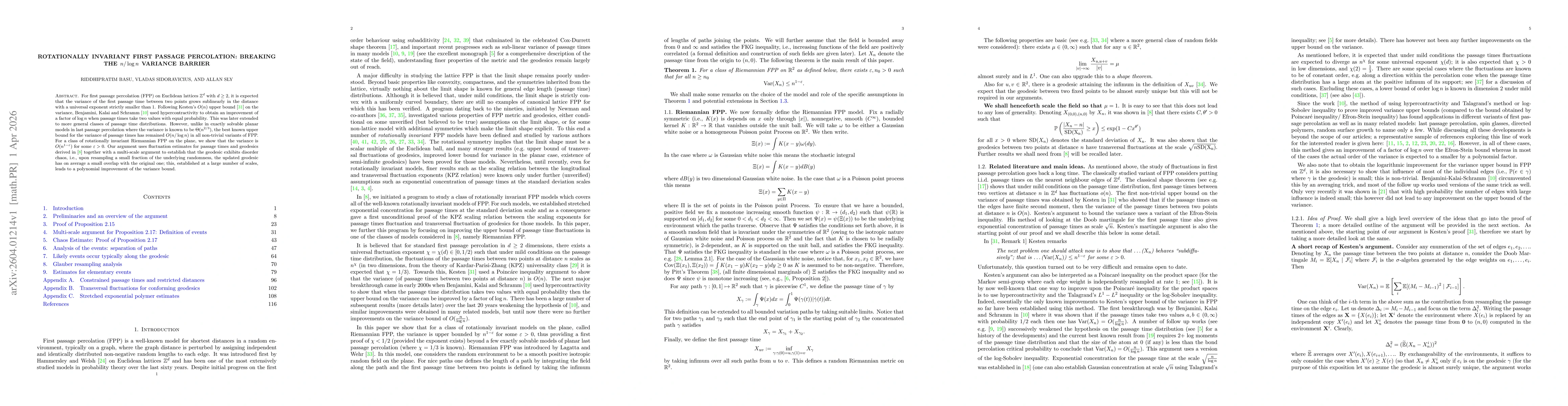 Thumbnail for Rotationally invariant first passage percolation: Breaking the $n/\log n$ variance barrier