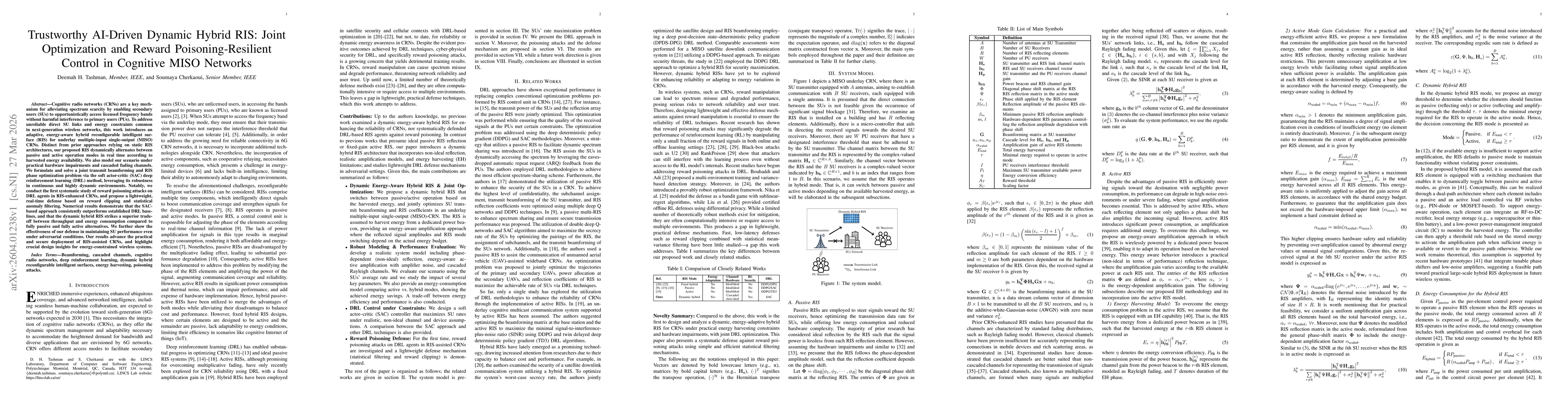 Thumbnail for Trustworthy AI-Driven Dynamic Hybrid RIS: Joint Optimization and Reward Poisoning-Resilient Control in Cognitive MISO Networks