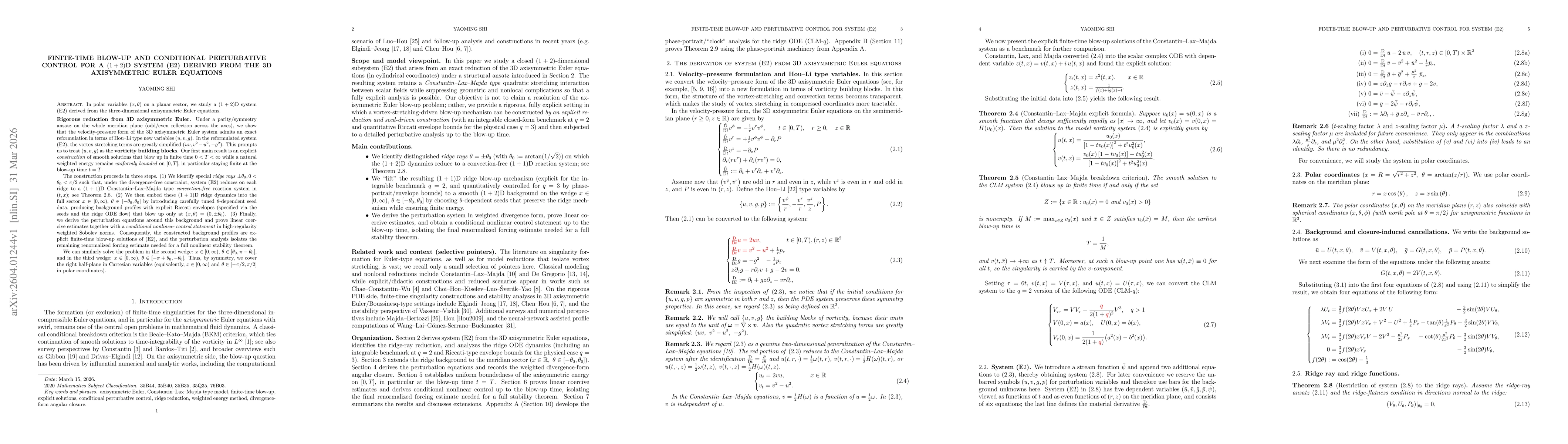 Thumbnail for Finite-time blow-up and conditional perturbative control for a $(1+2)$D system (E2) derived from the 3D axisymmetric Euler equations