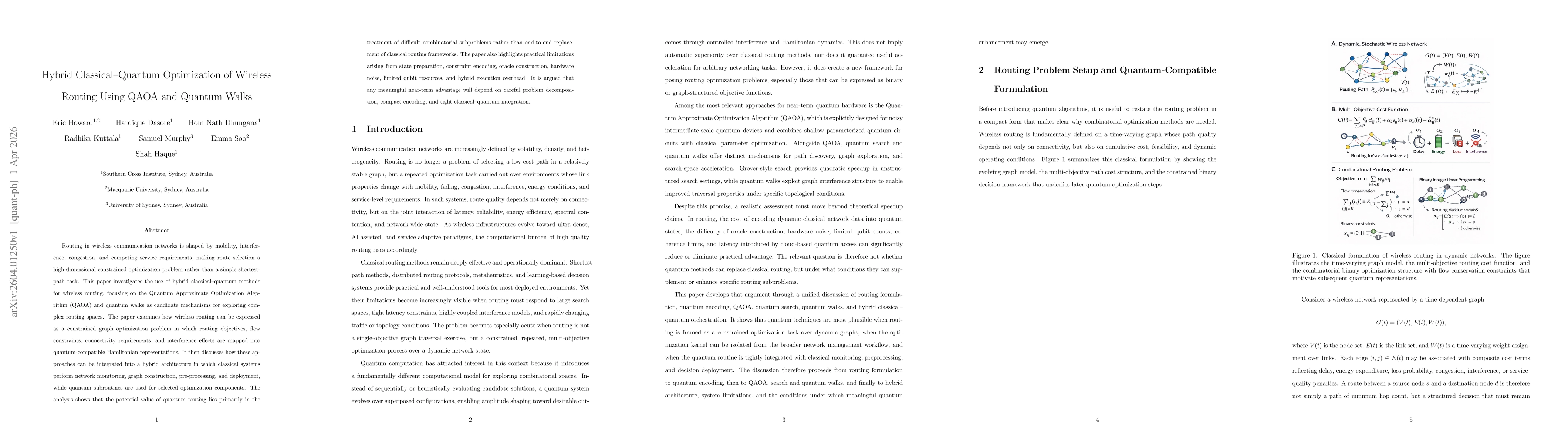 Thumbnail for Hybrid Classical--Quantum Optimization of Wireless Routing Using QAOA and Quantum Walks
