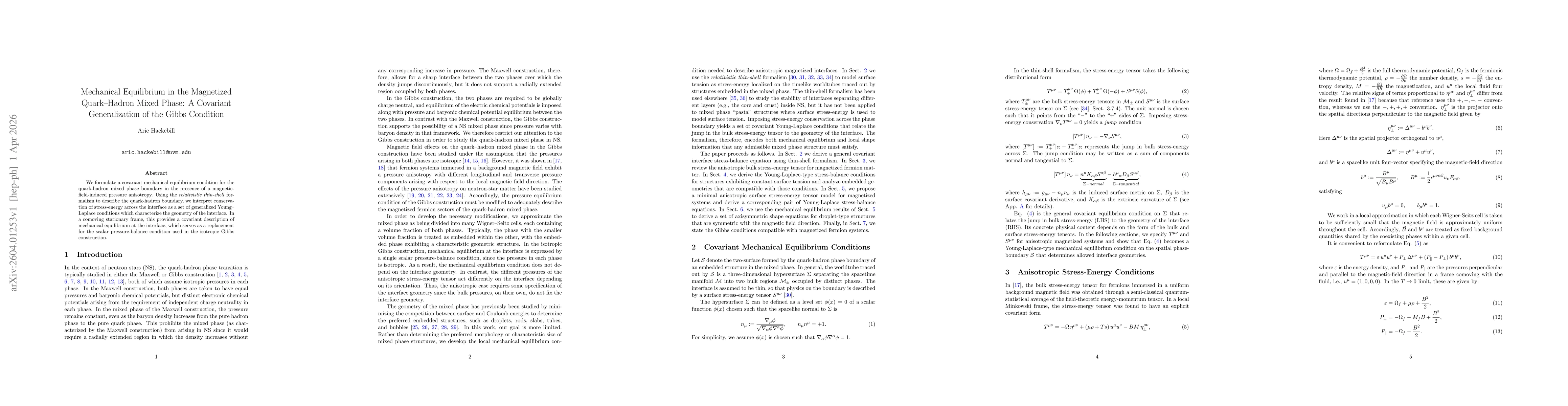 Thumbnail for Mechanical Equilibrium in the Magnetized Quark--Hadron Mixed Phase: A Covariant Generalization of the Gibbs Condition