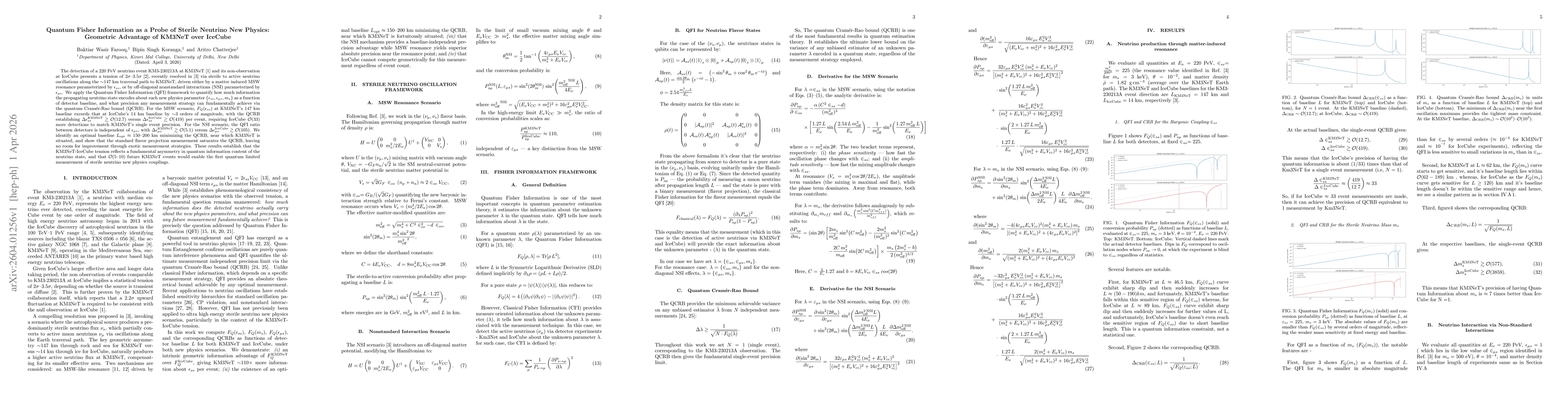 Thumbnail for Quantum Fisher Information as a Probe of Sterile Neutrino New Physics:Geometric Advantage of KM3NeT over IceCube