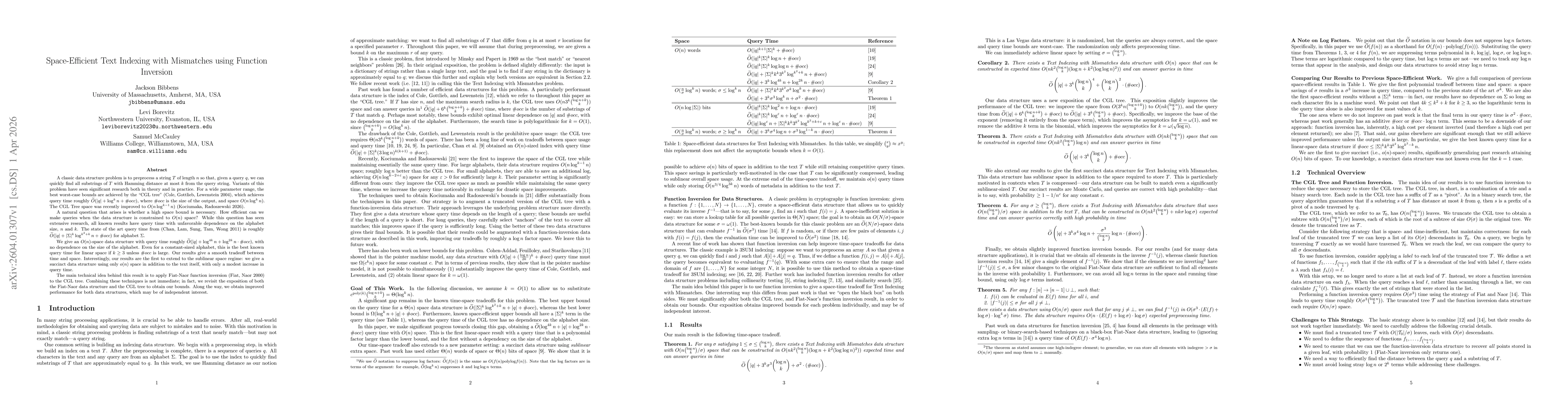 Thumbnail for Space-Efficient Text Indexing with Mismatches using Function Inversion
