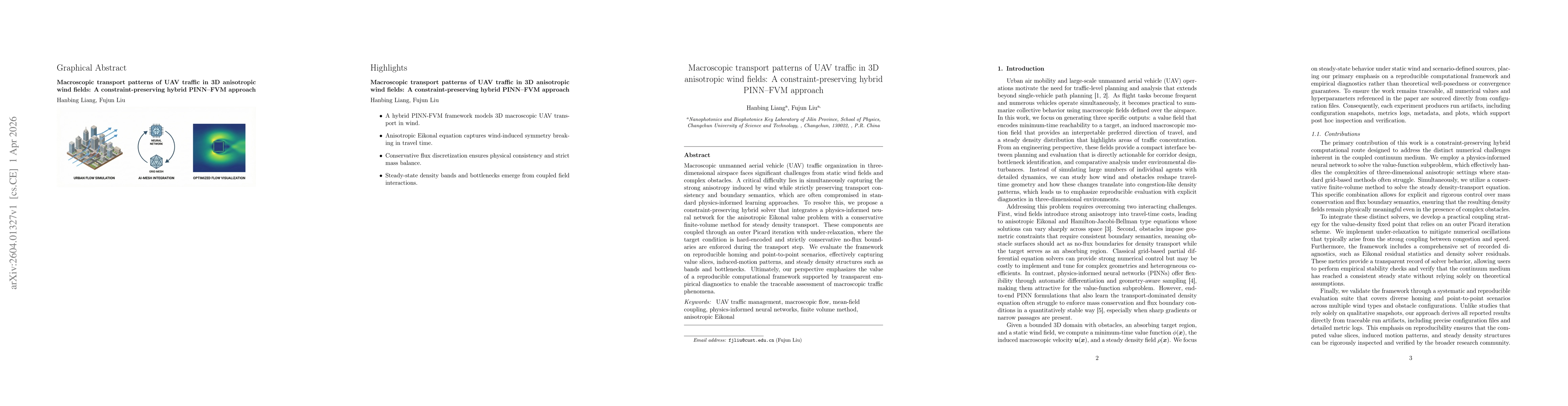 Thumbnail for Macroscopic transport patterns of UAV traffic in 3D anisotropic wind fields: A constraint-preserving hybrid PINN-FVM approach