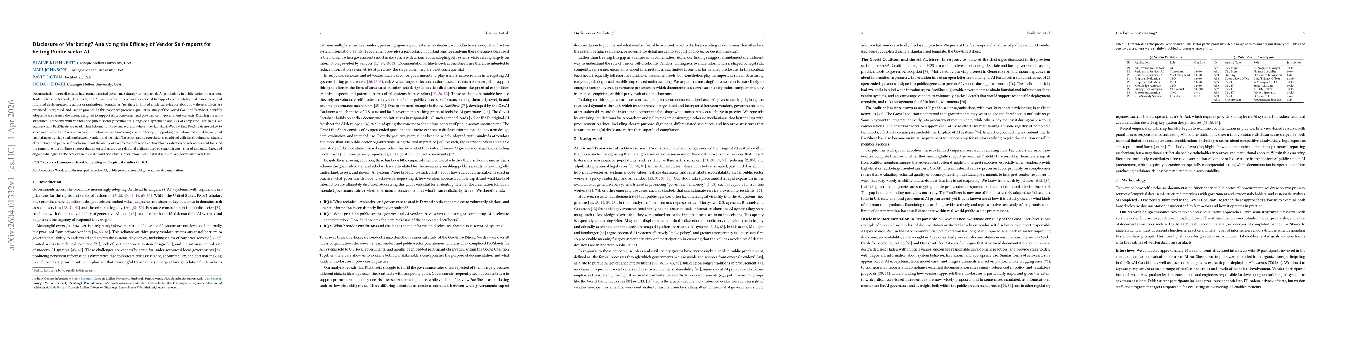 Thumbnail for Disclosure or Marketing? Analyzing the Efficacy of Vendor Self-reports for Vetting Public-sector AI