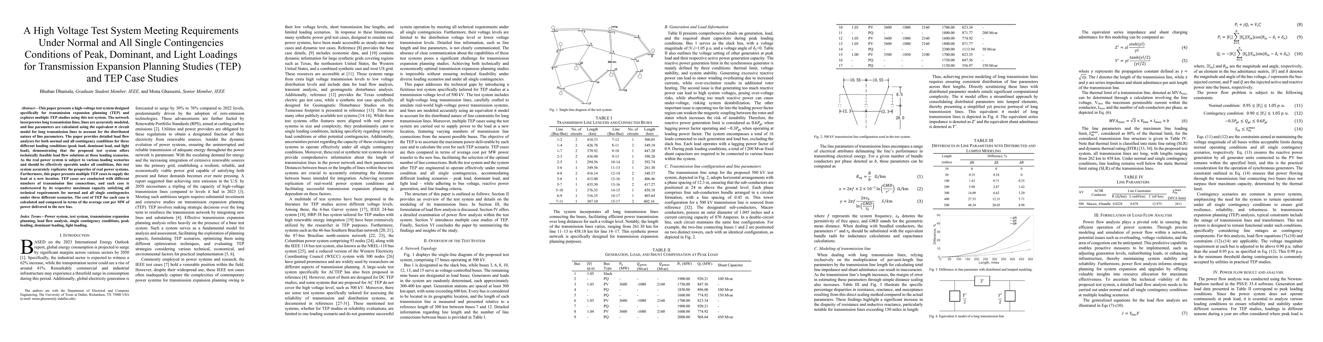 Thumbnail for A High Voltage Test System Meeting Requirements Under Normal and All Single Contingencies Conditions of Peak, Dominant, and Light Loadings for Transmission Expansion Planning Studies (TEP) and TEP Case Studies