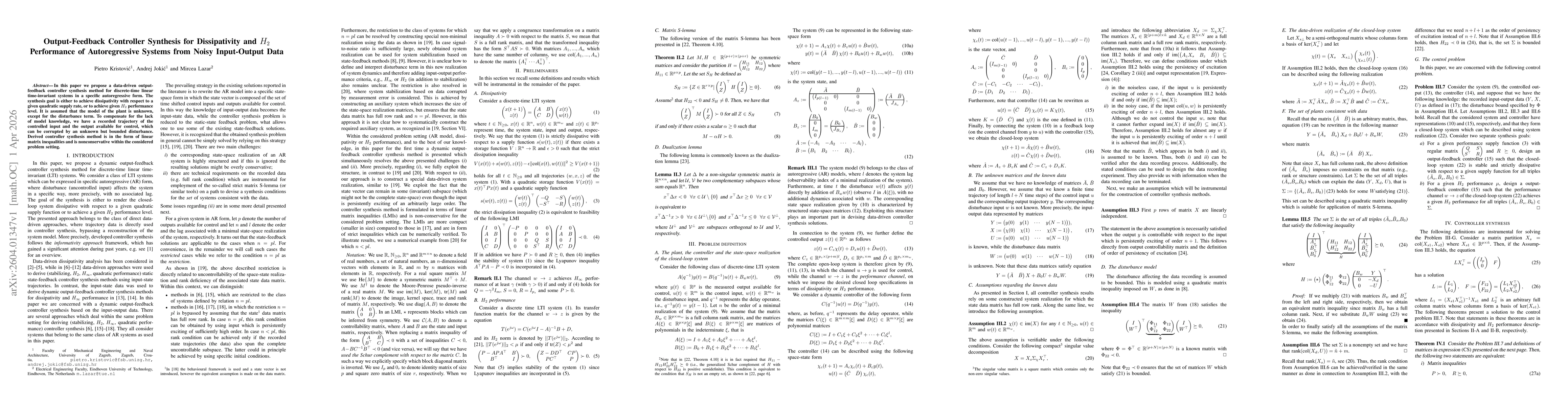 Thumbnail for Output-Feedback Controller Synthesis for Dissipativity and $H_2$ Performance of Autoregressive Systems from Noisy Input-Output Data