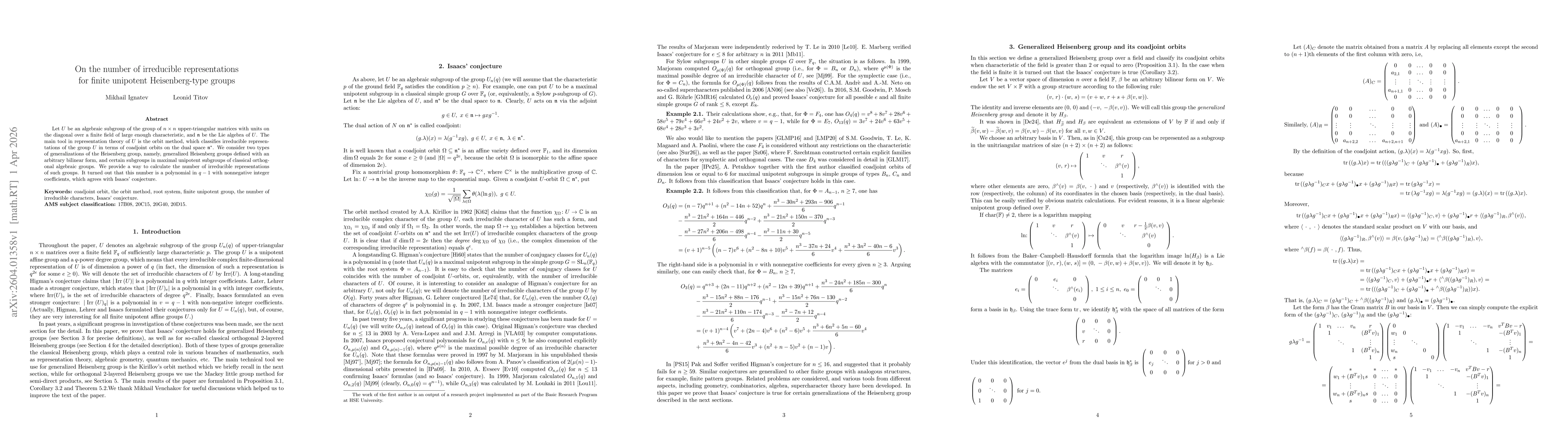 Thumbnail for On the number of irreducible representations for finite unipotent Heisenberg-type groups