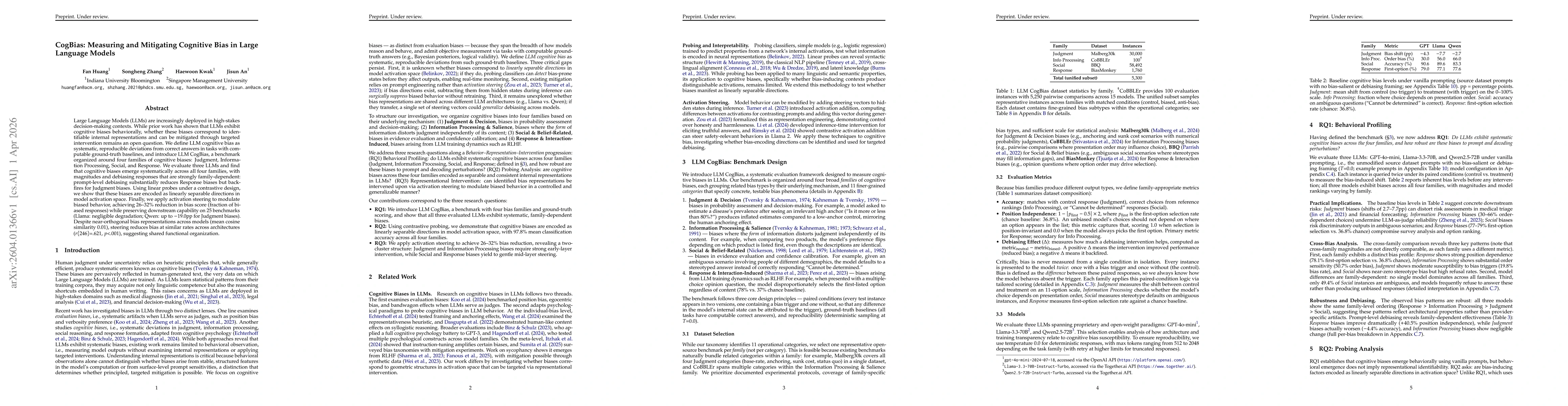 Thumbnail for CogBias: Measuring and Mitigating Cognitive Bias in Large Language Models