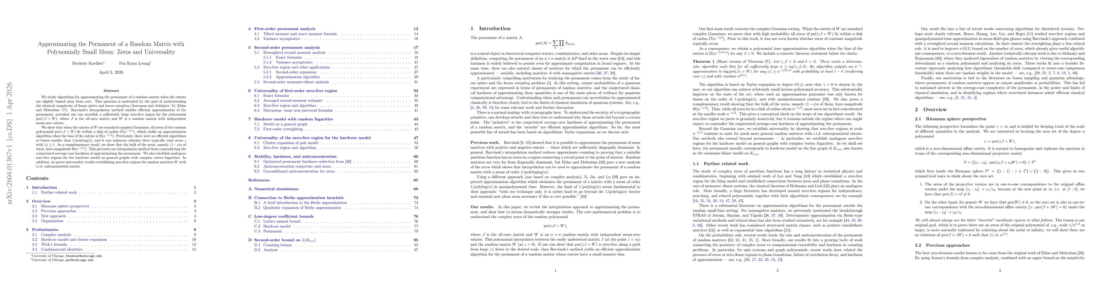 Thumbnail for Approximating the Permanent of a Random Matrix with Polynomially Small Mean: Zeros and Universality