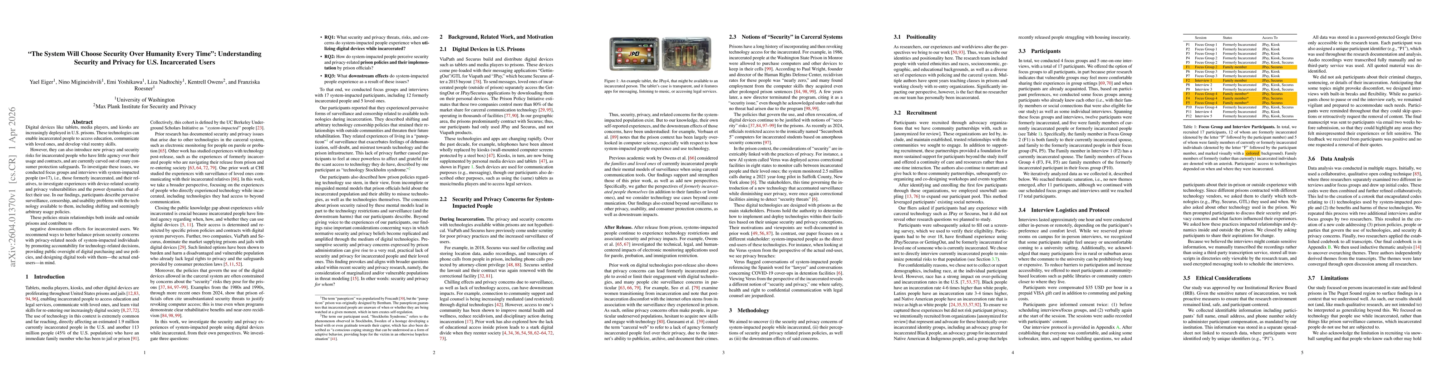 Thumbnail for "The System Will Choose Security Over Humanity Every Time": Understanding Security and Privacy for U.S. Incarcerated Users