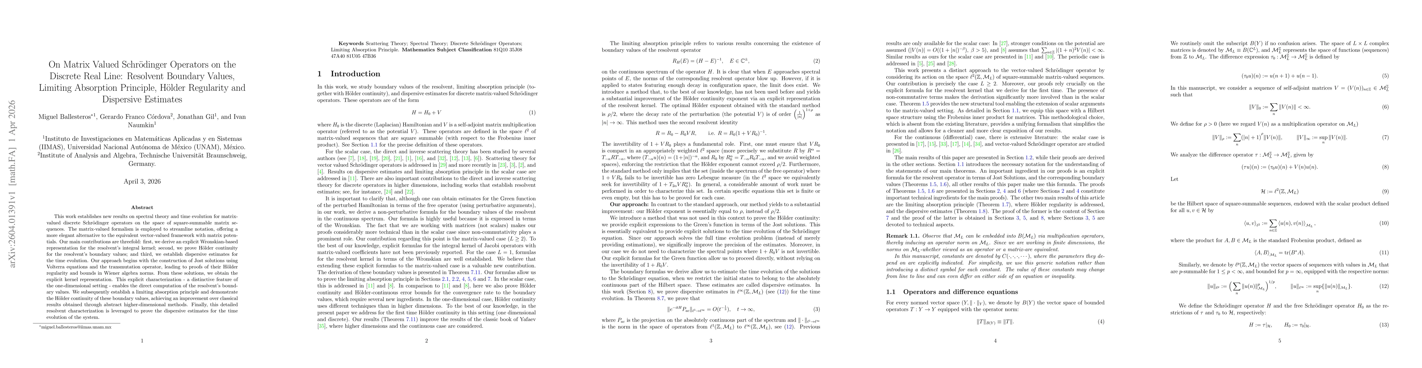 Thumbnail for On Matrix Valued Schrödinger Operators on the Discrete Real Line: Resolvent Boundary Values, Limiting Absorption Principle, Hölder Regularity and Dispersive Estimates