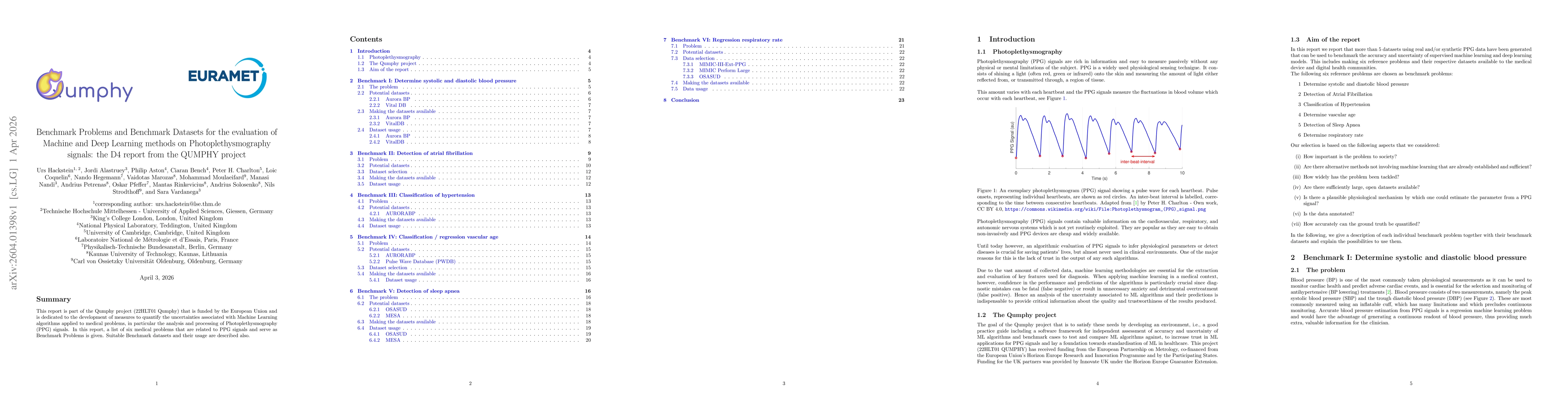 Thumbnail for Benchmark Problems and Benchmark Datasets for the evaluation of Machine and Deep Learning methods on Photoplethysmography signals: the D4 report from the QUMPHY project