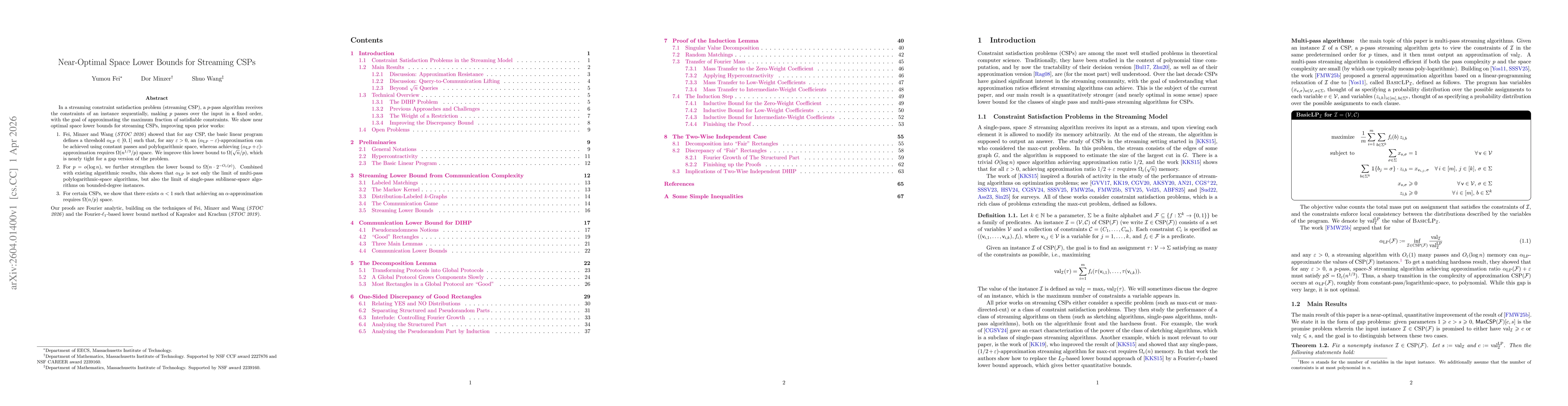 Thumbnail for Near-Optimal Space Lower Bounds for Streaming CSPs