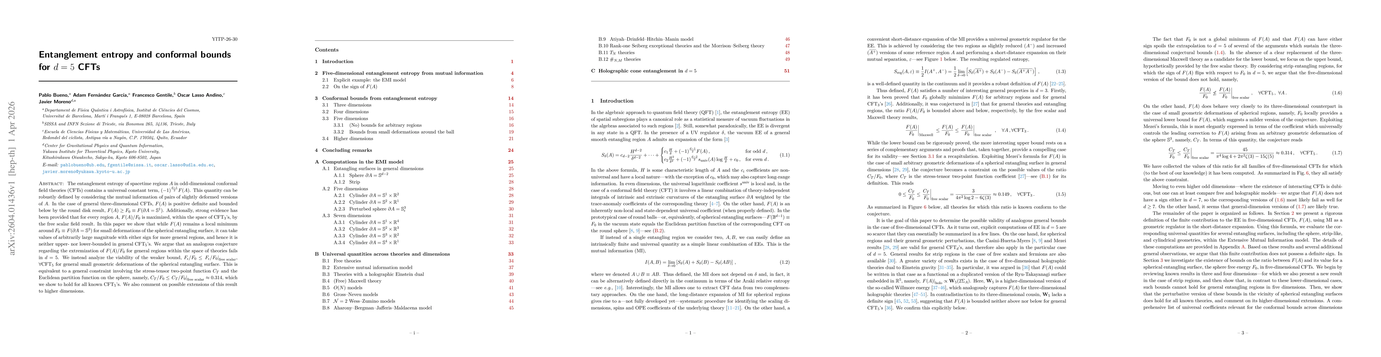 Thumbnail for Entanglement entropy and conformal bounds for $d=5$ CFTs