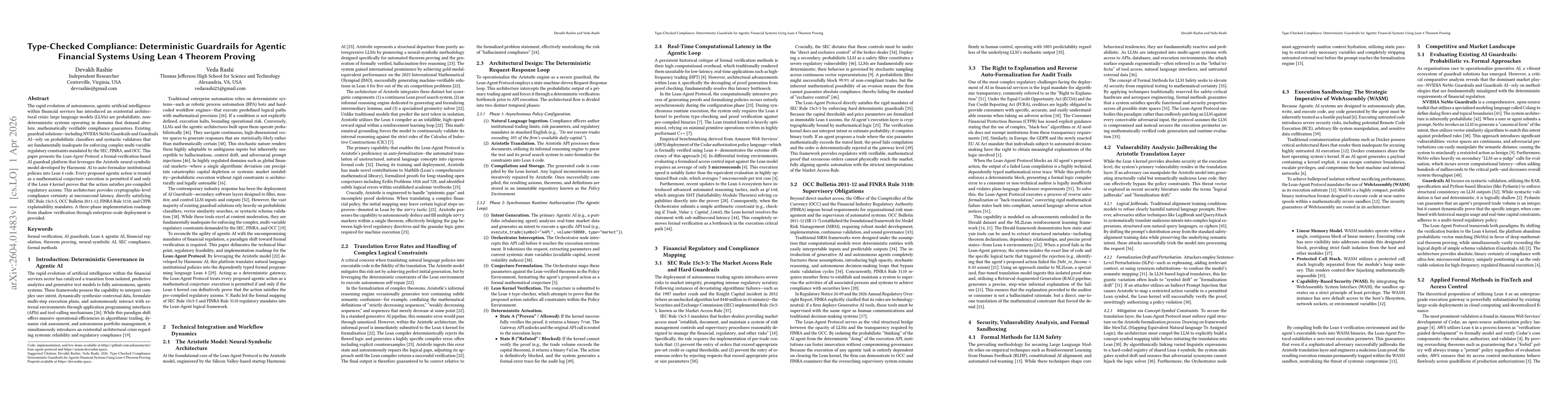 Thumbnail for Type-Checked Compliance: Deterministic Guardrails for Agentic Financial Systems Using Lean 4 Theorem Proving