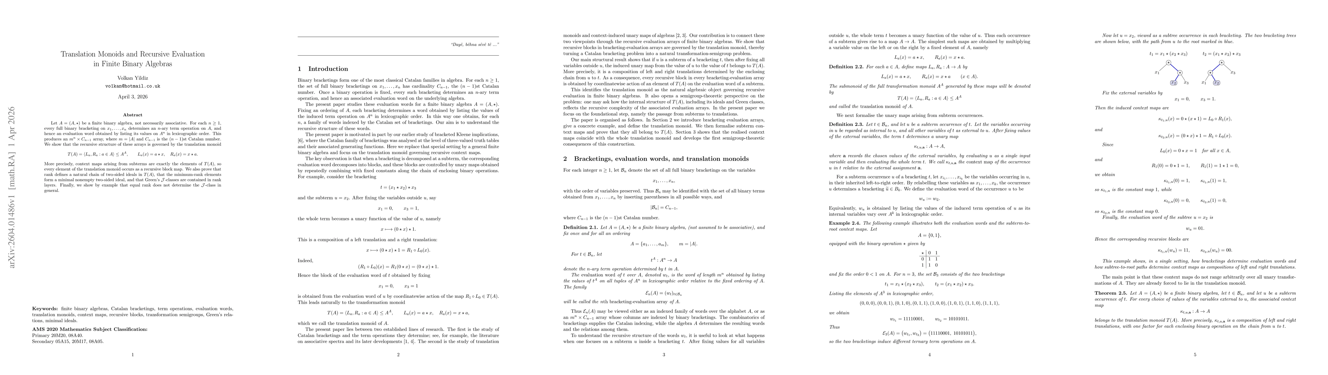 Thumbnail for Translation Monoids and Recursive Evaluation in Finite Binary Algebras