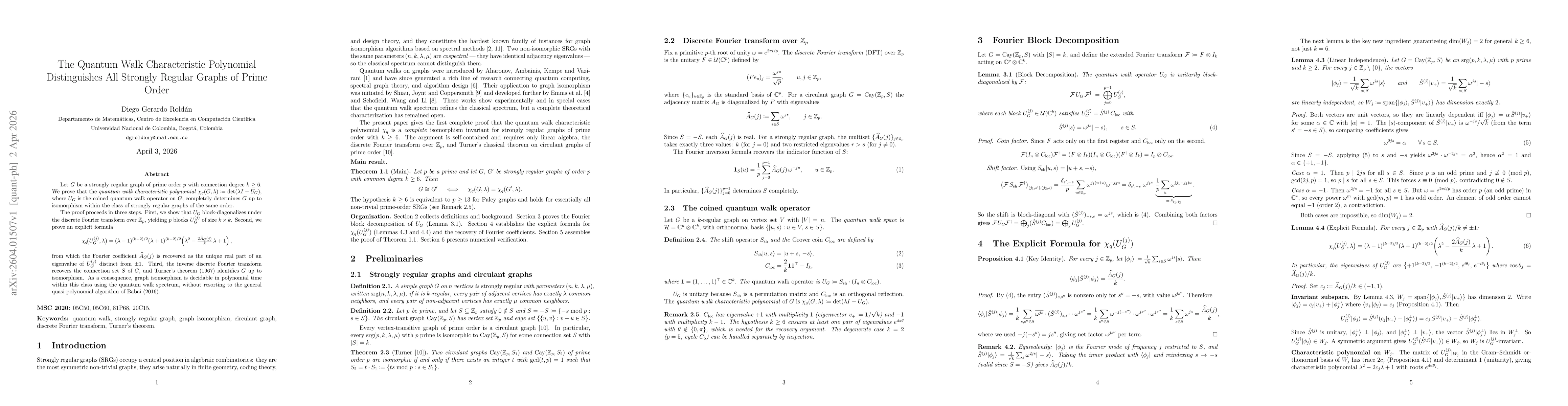 Thumbnail for The Quantum Walk Characteristic Polynomial Distinguishes All Strongly Regular Graphs of Prime Orde