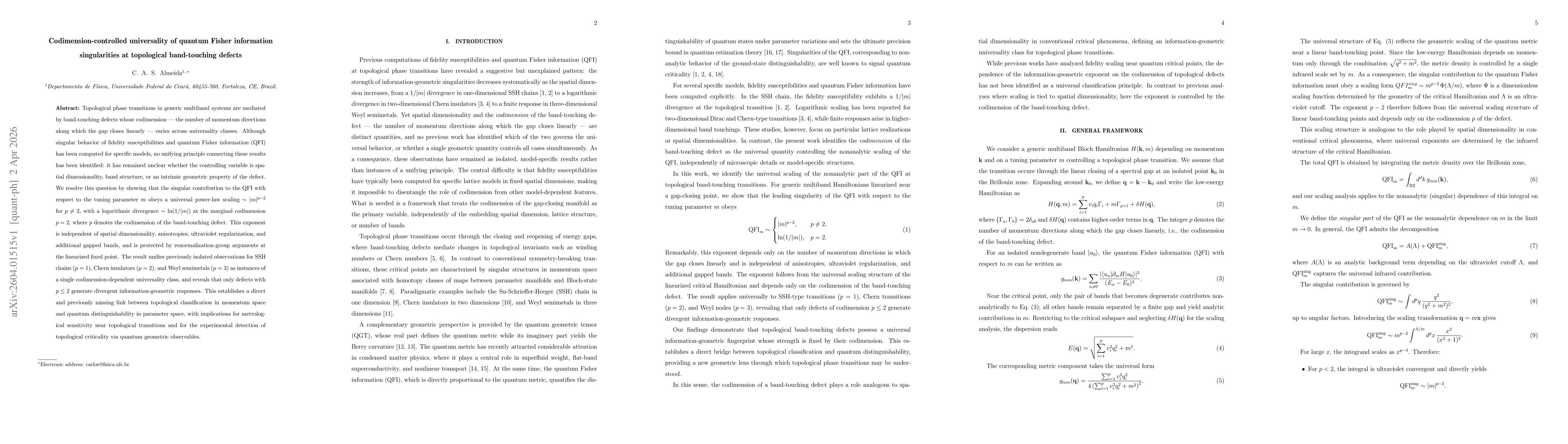 Thumbnail for Codimension-controlled universality of quantum Fisher information singularities at topological band-touching defects