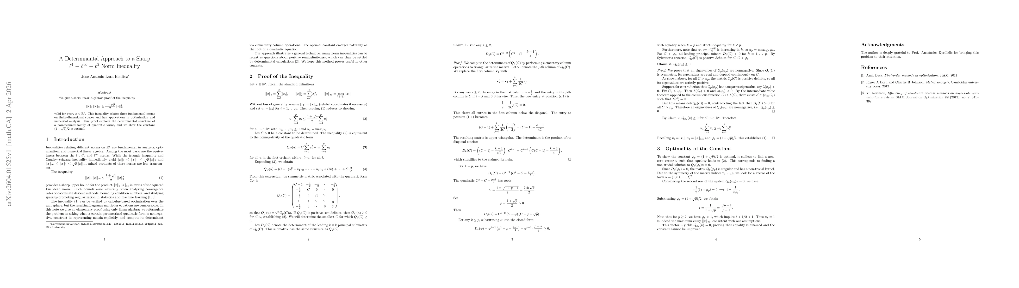 Thumbnail for A Determinantal Approach to a Sharp $\ell^1-\ell^\infty-\ell^2$ Norm Inequality