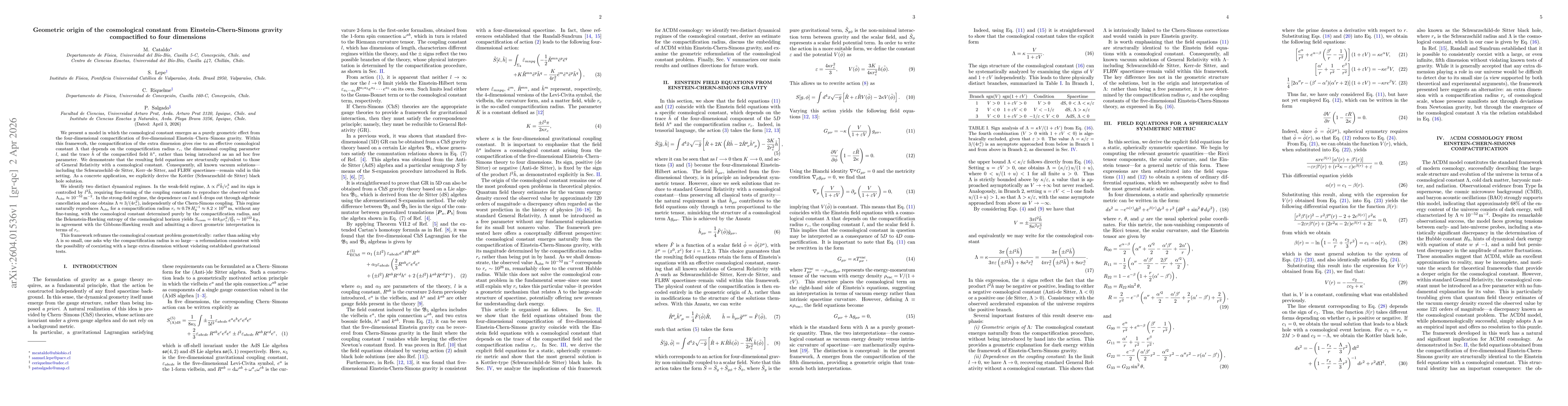 Thumbnail for Geometric origin of the cosmological constant from Einstein-Chern-Simons gravity compactified to four dimensions
