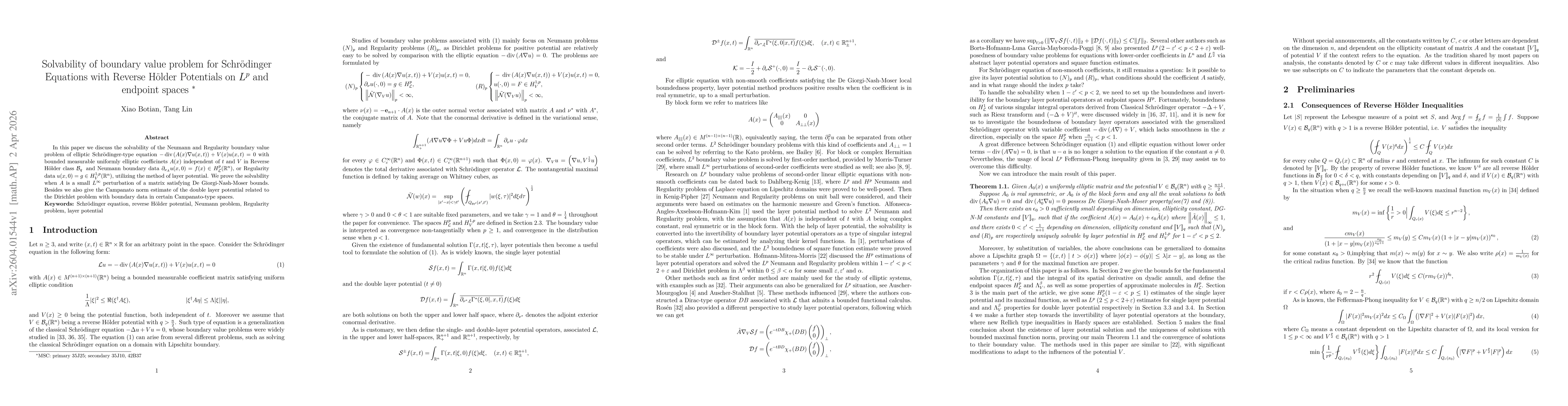 Thumbnail for Solvability of boundary value problem for Schrödinger Equations with Reverse Hölder Potentials on $L^p$ and endpoint spaces