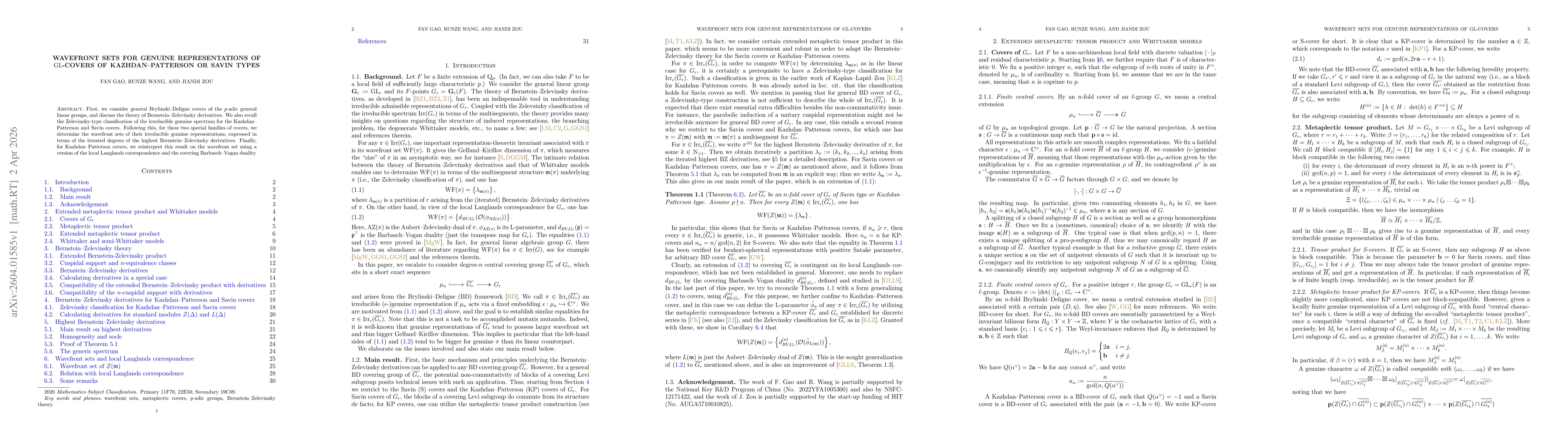 Thumbnail for Wavefront sets for genuine representations of $\rm GL$-covers of Kazhdan--Patterson or Savin types