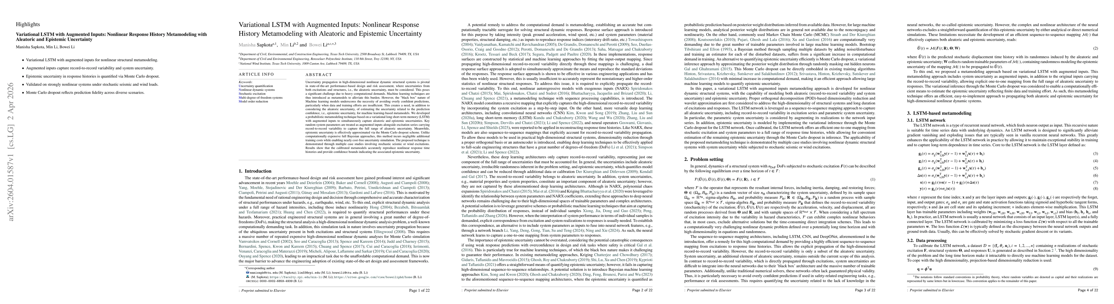 Thumbnail for Variational LSTM with Augmented Inputs: Nonlinear Response History Metamodeling with Aleatoric and Epistemic Uncertainty