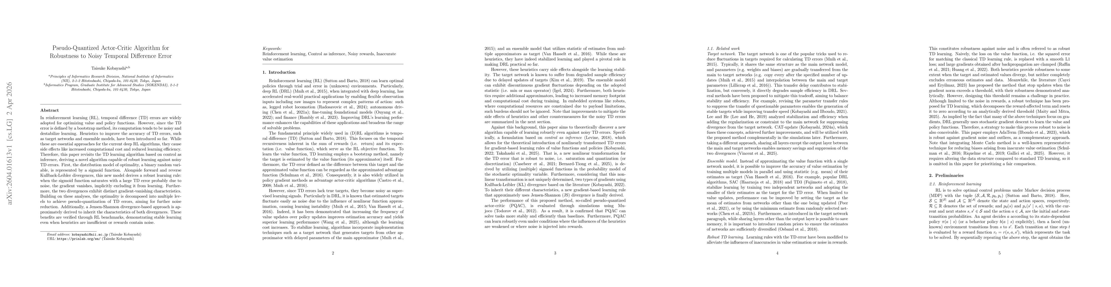 Thumbnail for Pseudo-Quantized Actor-Critic Algorithm for Robustness to Noisy Temporal Difference Error