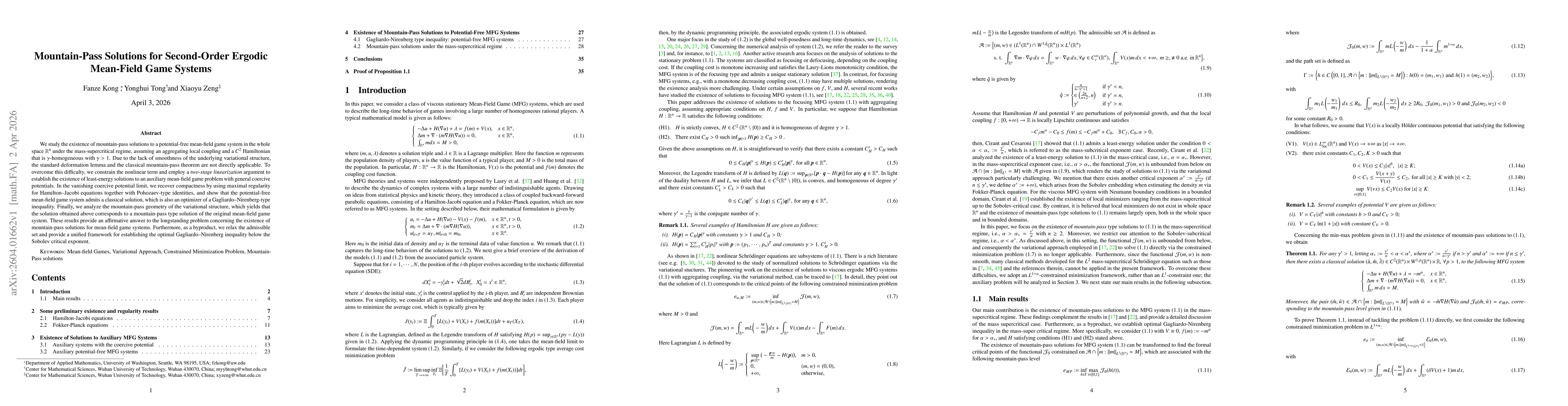 Thumbnail for Mountain-Pass Solutions for Second-Order Ergodic Mean-Field Game Systems