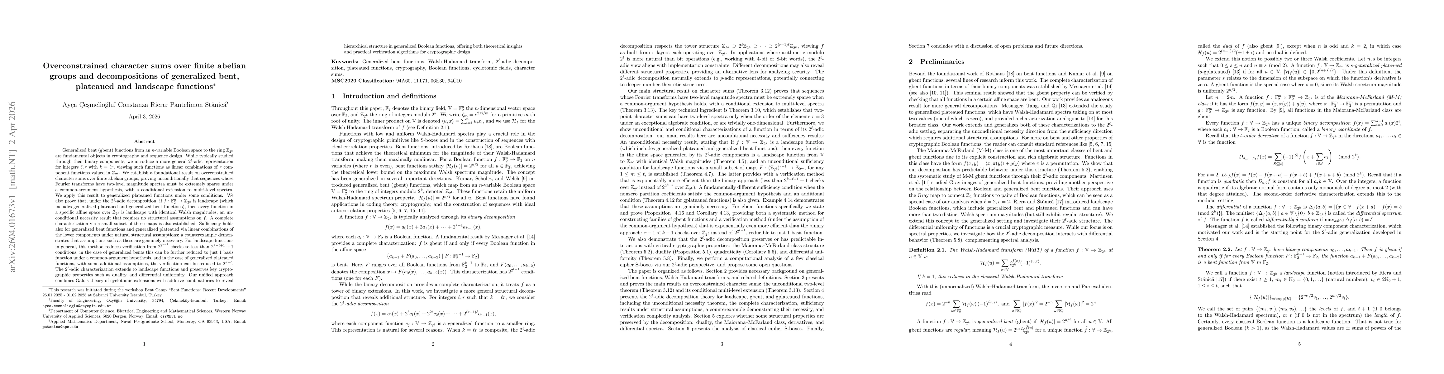 Thumbnail for Overconstrained character sums over finite abelian groups and decompositions of generalized bent, plateaued and landscape functions