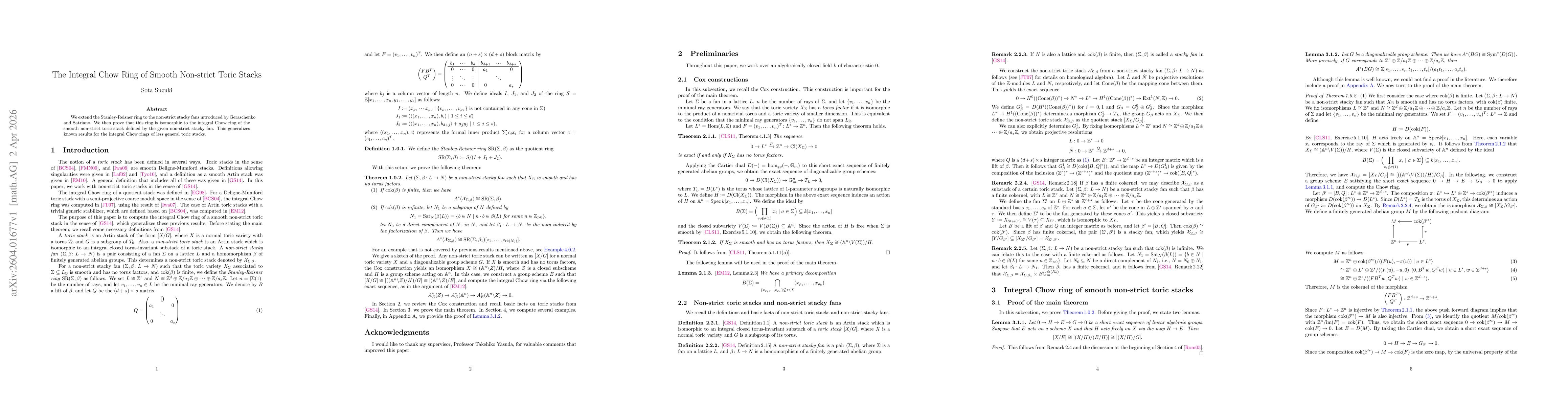 Thumbnail for The Integral Chow Ring of Smooth Non-strict Toric Stacks