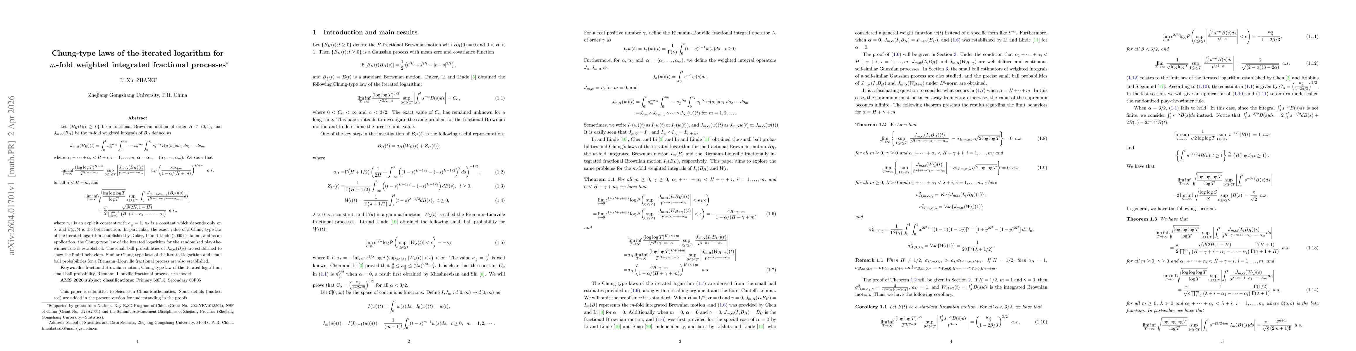 Thumbnail for Chung-type laws of the iterated logarithm for $m$-fold weighted integrated fractional processes