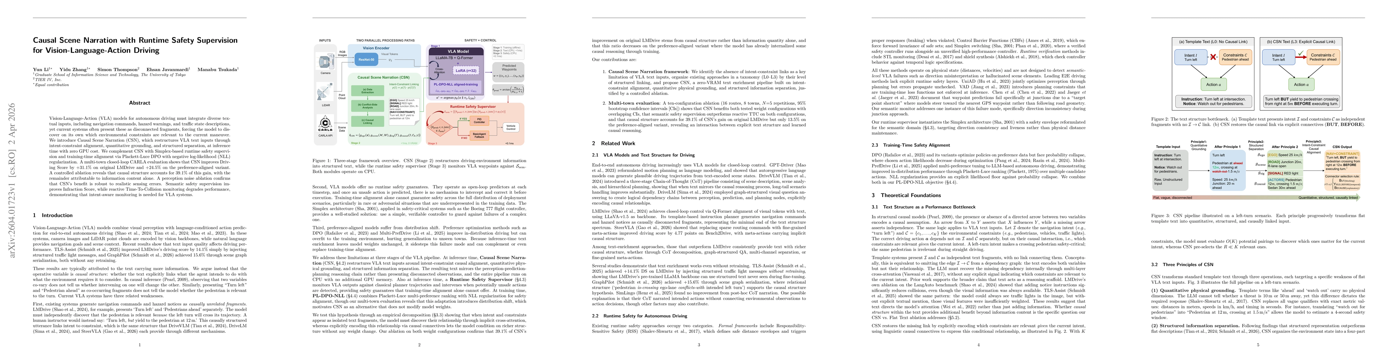 Thumbnail for Causal Scene Narration with Runtime Safety Supervision for Vision-Language-Action Driving