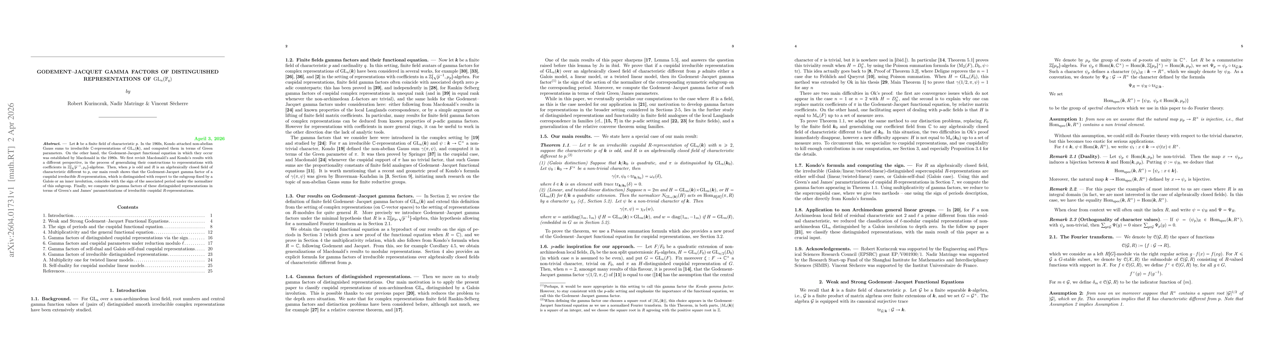 Thumbnail for Godement-Jacquet gamma factors of distinguished representations of $\mathrm{GL}_n(\mathbb{F}_q)$