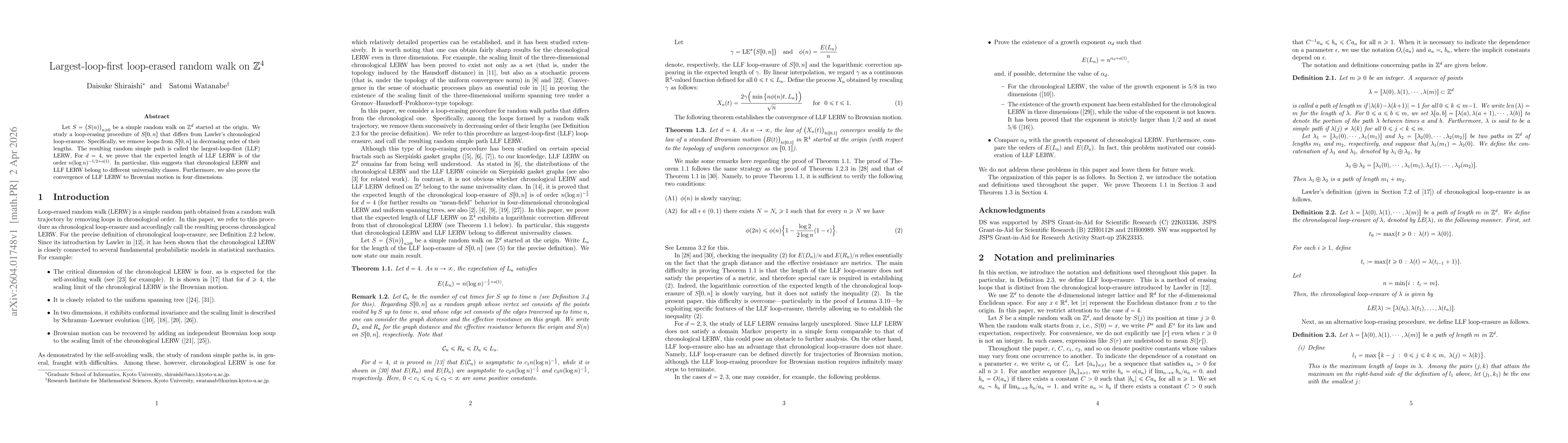 Thumbnail for Largest-loop-first loop-erased random walk on $\mathbb{Z}^{4}$