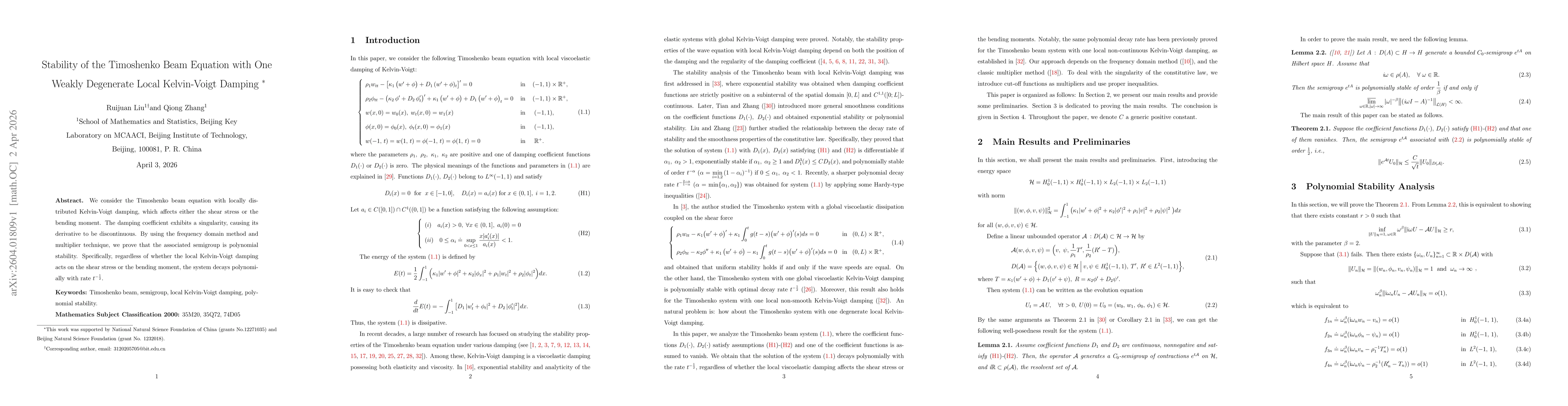 Thumbnail for Stability of the Timoshenko Beam Equation with One Weakly Degenerate Local Kelvin-Voigt Damping