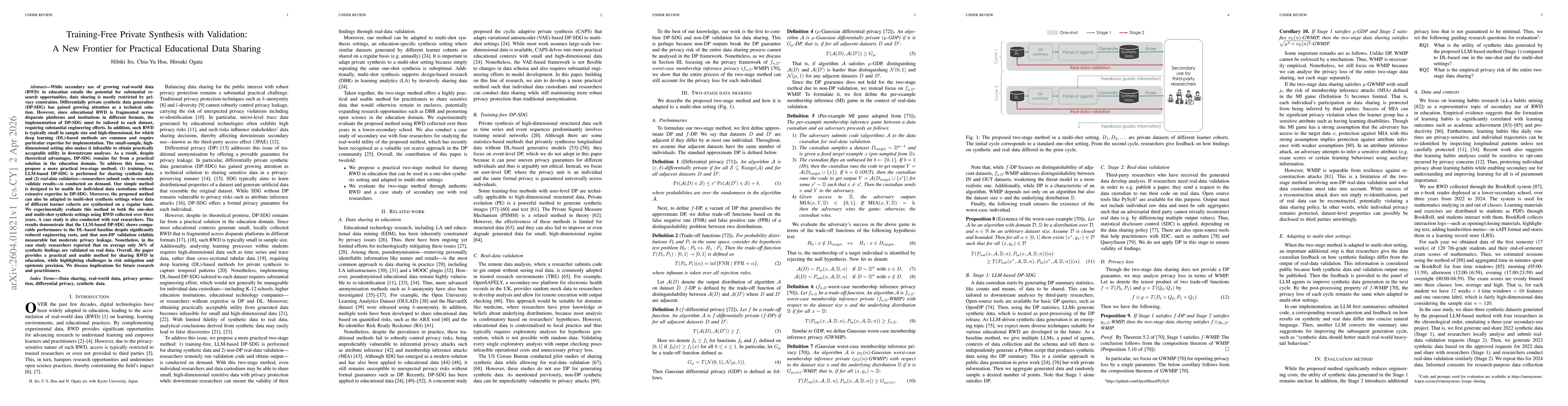 Thumbnail for Training-Free Private Synthesis with Validation: A New Frontier for Practical Educational Data Sharing