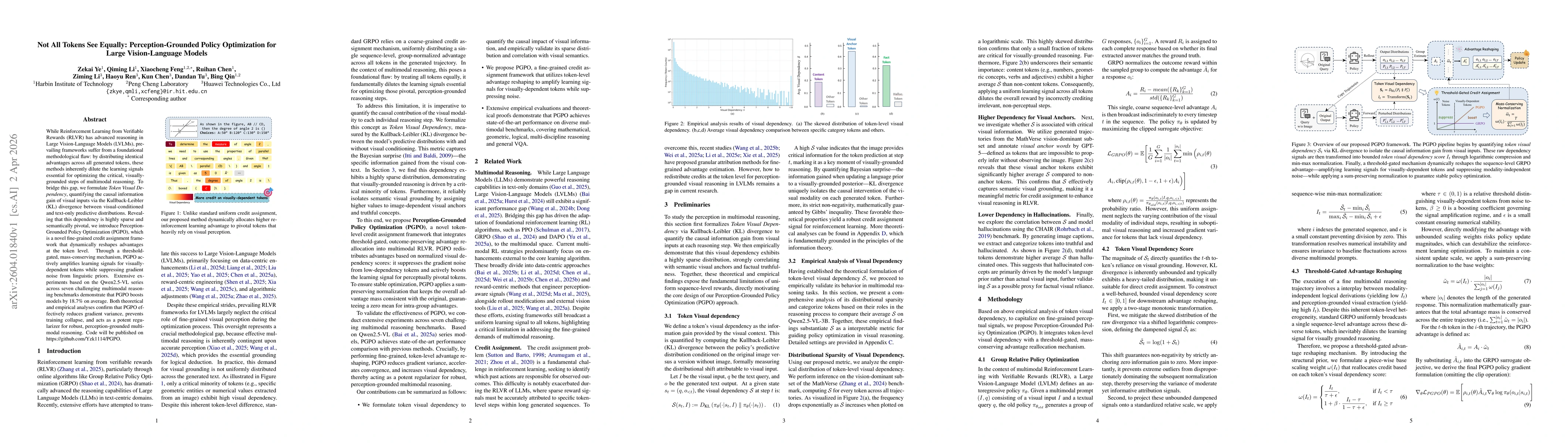 Thumbnail for Not All Tokens See Equally: Perception-Grounded Policy Optimization for Large Vision-Language Models