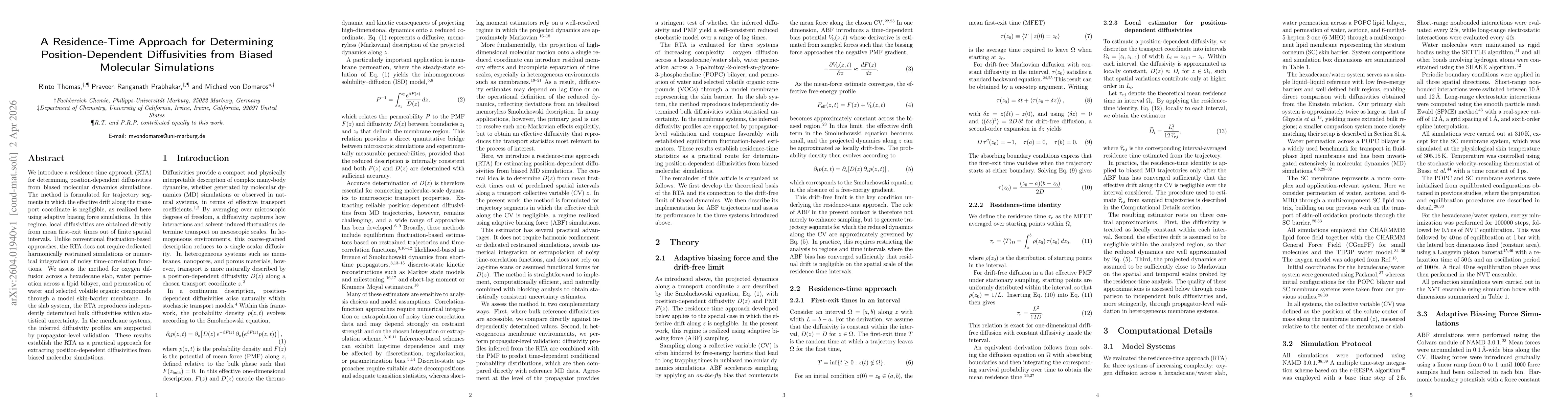 Thumbnail for A Residence-Time Approach for Determining Position-Dependent Diffusivities from Biased Molecular Simulations
